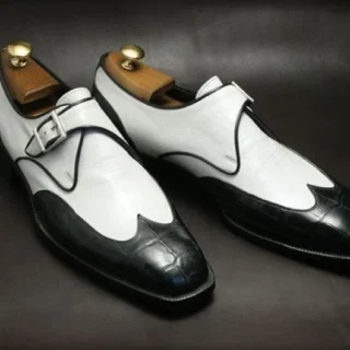 Bespoke Men Handmade Black & White Colour Pure Leather Monk Strap Wing Tip Brogues Shoes, Wedding Shoes, Gift for Him, Men Custom Shoes