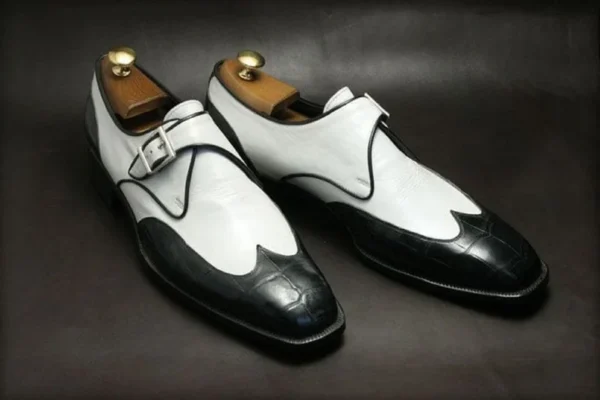 Bespoke Men Handmade Black & White Colour Pure Leather Monk Strap Wing Tip Brogues Shoes, Wedding Shoes, Gift for Him, Men Custom Shoes