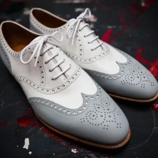 Bespoke Men Handmade Grey & White Colour Pure Leather Lace Up Oxford Shoes, Office Shoes, Gift for Him, Formal Shoes