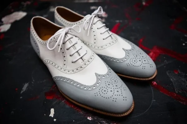 Bespoke Men Handmade Grey & White Colour Pure Leather Lace Up Oxford Shoes, Office Shoes, Gift for Him, Formal Shoes
