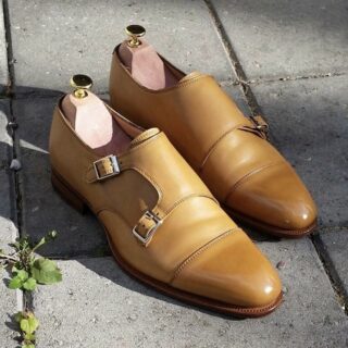 Bespoke Men Handmade Light Shaded Tan Colour Pure Leather Double Monk, Wedding Shoes, Gift for Him, Formal Shoes