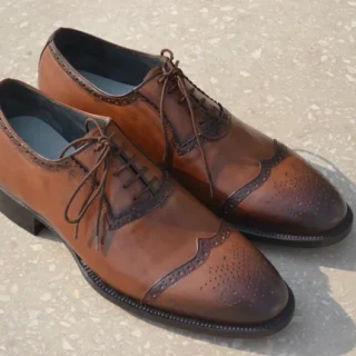Bespoke Men Handmade Brown Colour Pure Leather Men Wing Tip Shoes, Oxford Shoes, Gift for Him, Men Custom Shoes