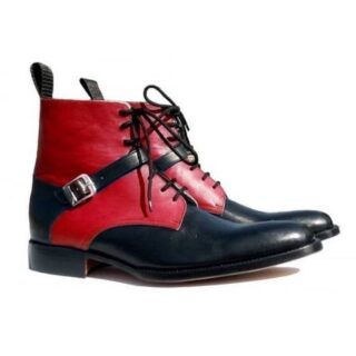 Handmade Bespoke Men Elegant Black & Red Colour Genuine Leather Buckle Strap Ankle High Boots, Casual Boots, Gift For Him, Formal Boots