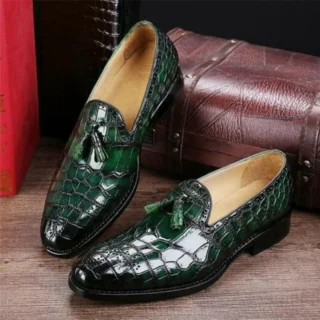 Bespoke Men Handmade Green Colour Pure Leather Tussle Loafer Slip On Alligator Texture Casual Men Shoes, Gift for Him, Formal Shoes
