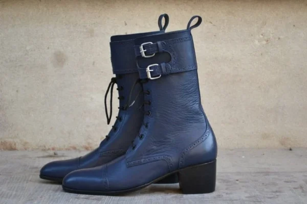 Handmade Bespoke Men Elegant Navy Blue Colour Genuine Leather Double Monk Cap Toe Ankle High, Wedding Boots, Gift For Him, Formal Boots