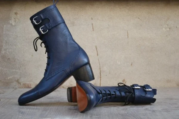 Handmade Bespoke Men Elegant Navy Blue Colour Genuine Leather Double Monk Cap Toe Ankle High, Wedding Boots, Gift For Him, Formal Boots - Image 2